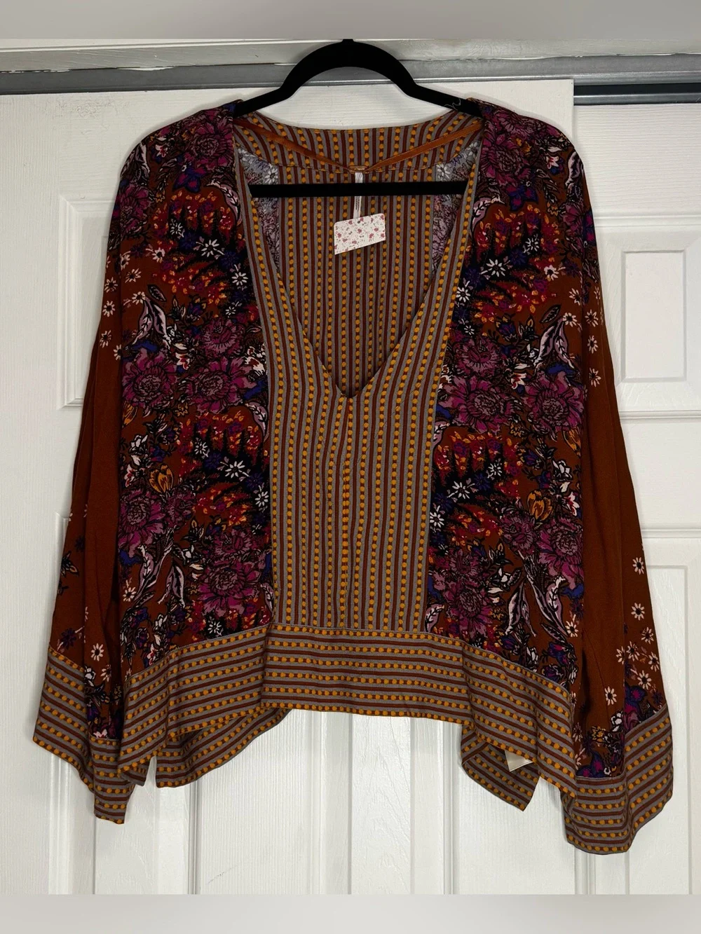 Free People Rust Multicolor Floral and Striped Blouse - Size M NWT